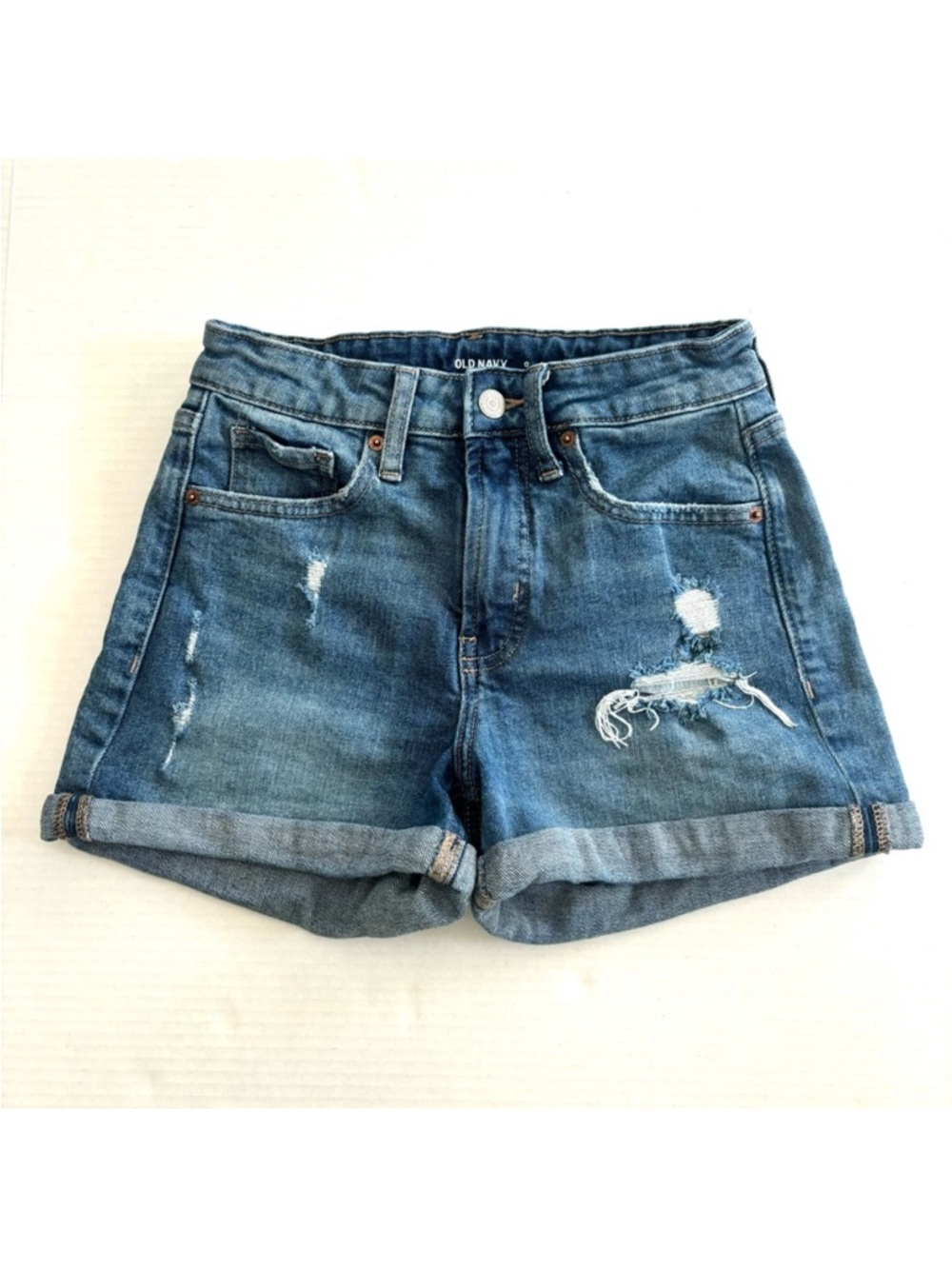 Old Navy O.G. Straight Cuffed Jean Shorts High Rise Stretch Distressed Size 0
